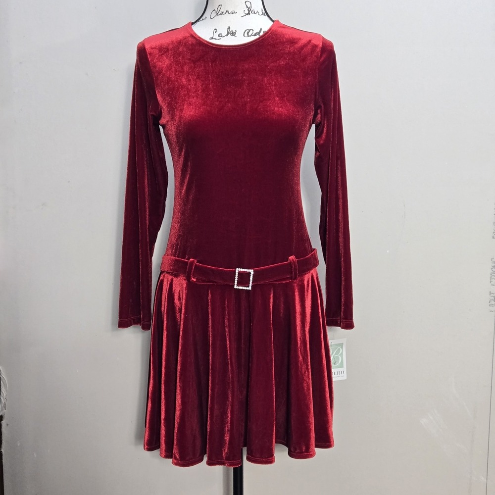 Bonnie Jean Red‎ Velvet Long Sleeve Knee Length Xmas Dress Size S Holiday Party